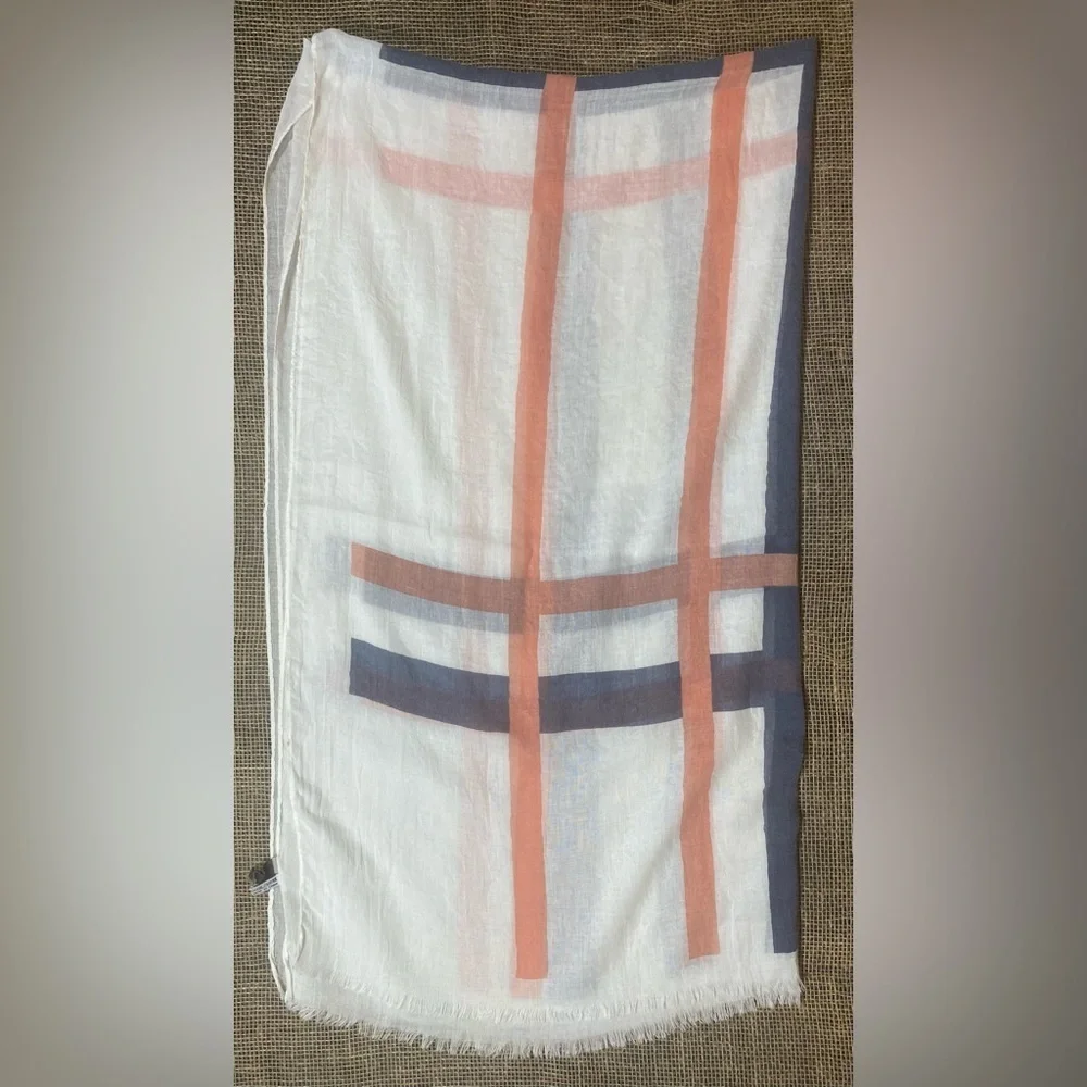 Look Scarf Beige W/Blue & Peach Stripes Plaid 100% Cotton Fringed 40” W 72” L